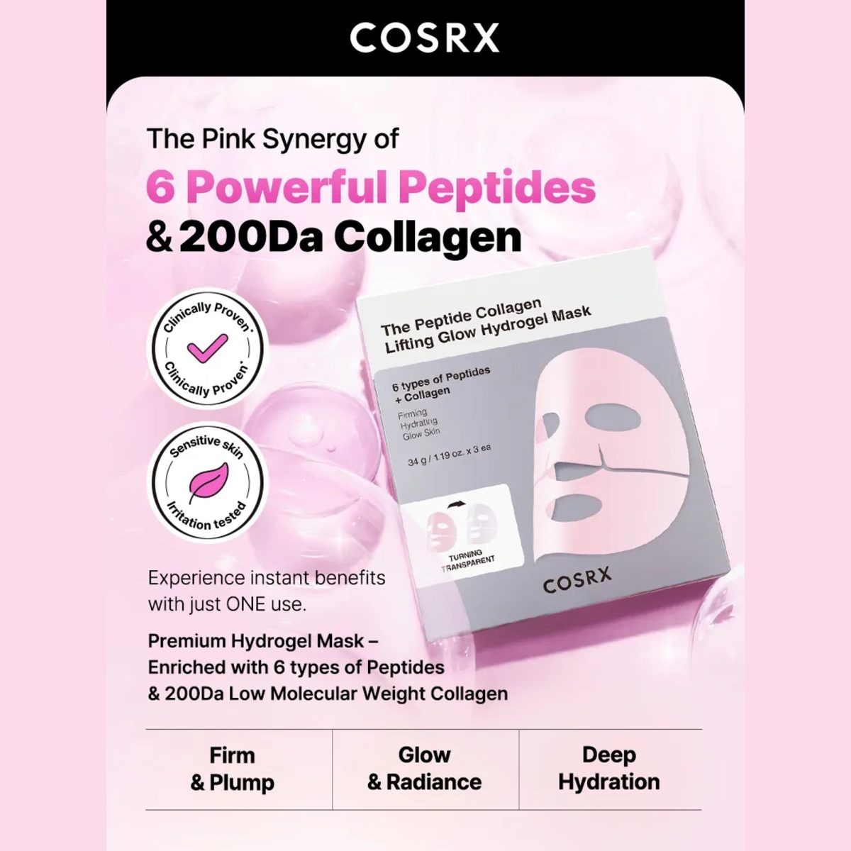 COSRX The Peptide Collagen Lifting Glow Hydrogel Mask 3-Pack - Korean Skincare