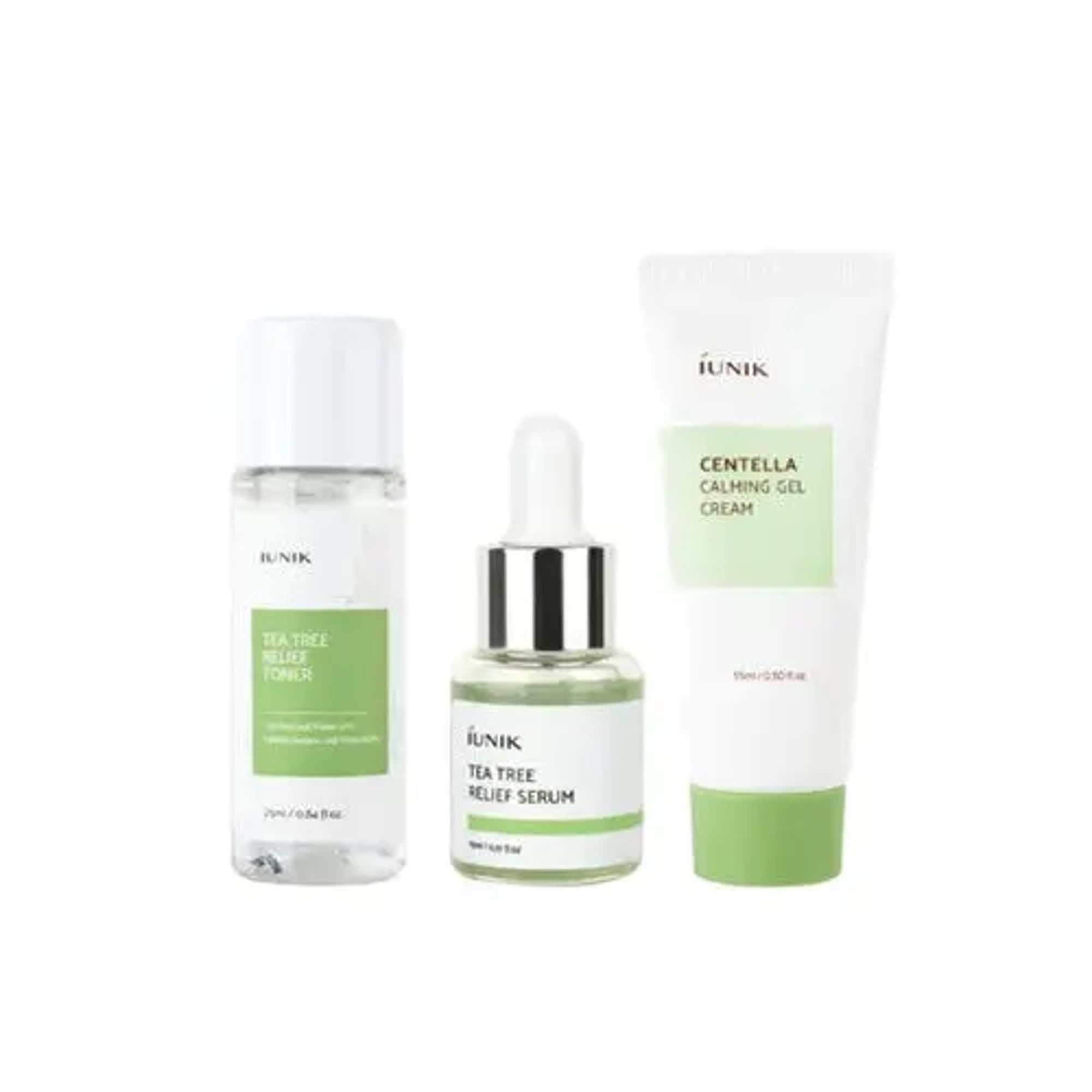iUNIK Centella Mini Set (Tea Tree Relief Toner, Tea Tree Relief Serum, Centella Calming Gel Cream) - Korean Skincare Centella Mini Set