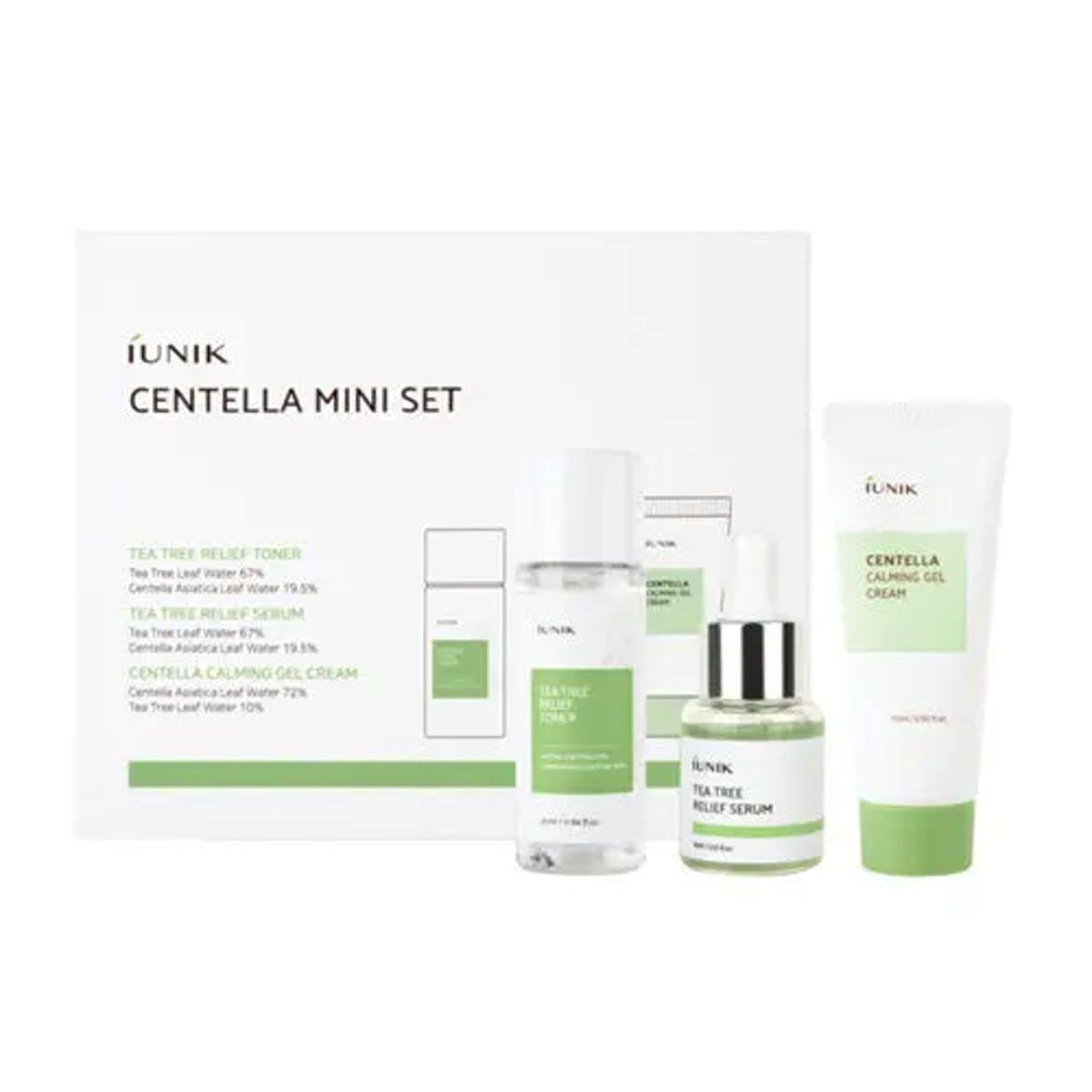 iUNIK Centella Mini Set (Tea Tree Relief Toner, Tea Tree Relief Serum, Centella Calming Gel Cream) - Korean Skincare